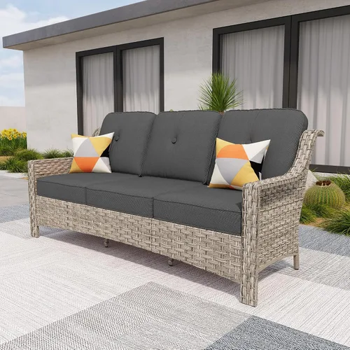 Vista 57 de HOOOWOOO Sofá de patio de 3 plazas de mimbre para exteriores, resistente a todo tipo de clima, con respaldo alto, muebles a juego (beige y bronceado)