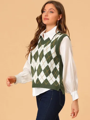 Vista 4 de Allegra K Suéter de punto Argyle a cuadros para mujer, Café