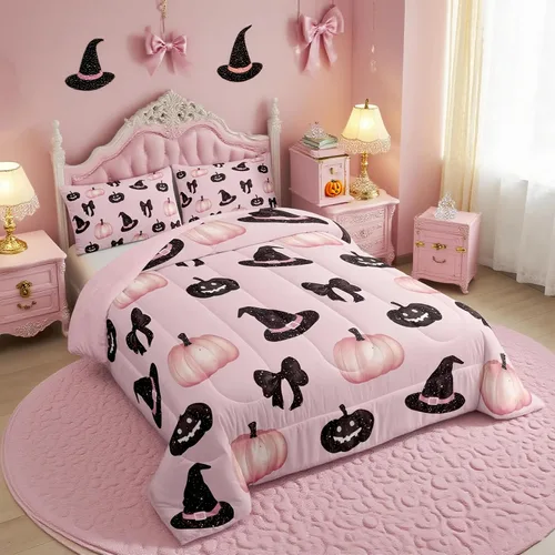 Vista 14 de Feelyou Juego de edredón de calabaza para todas las estaciones, decoración de Halloween, juego de ropa de cama con 1 funda de almohada, microfibra