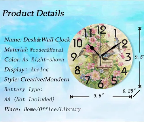 Vista 2 de Pretty Sping Flowers Birdhouse Family Birds Reloj de pared redondo, 10 pulgadas, analógico, silencioso, sin tictac, para el hogar, cocina, sala