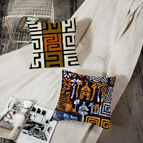 Vista 3 de ArtSocket Juego de 4 fundas de almohada naranja tribal Kuba inspiradas en la tierra, colores geométricos, étnicos, negro, marrón, barro, africano
