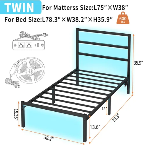 Vista 2 de CLIBFENG Base de cama individual con cabecero, soporte de listones de acero resistente, marco de cama LED con estación de carga USB, base de colchón