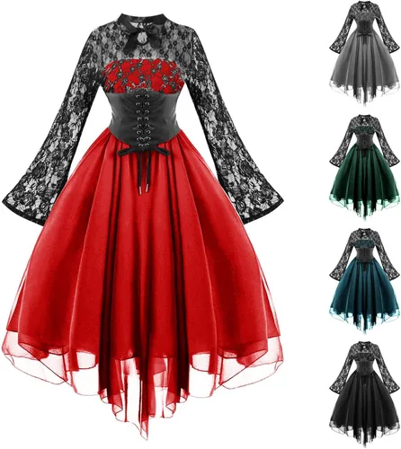 Vista 4 de Women's Long Sleeve Gothic Dress with Corset Lace Swing Cocktail Dress Sexy Halloween Costumes 2023