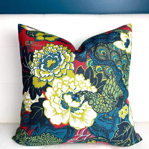 Vista 40 de ArogGeld Funda de cojín con flores verdes y blancas con flores grises y negras y hojas verdes en estilo chinoiserie, funda de almohada cuadrada