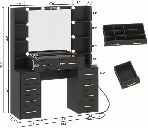 Vista 2 de Escritorio de tocador con espejo y luces, tocador de maquillaje grande de 43.5 pulgadas con parte superior de vidrio y 9 cajones, mesa de maquillaje