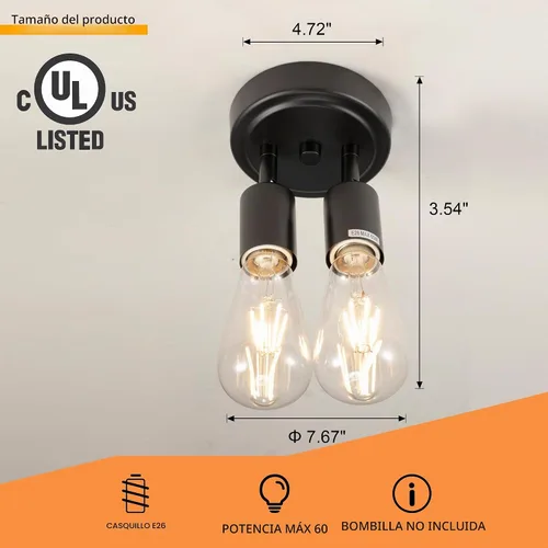 Vista 4 de Lámpara de techo semiempotrada de 2 luces, color negro mate con base E26, lámpara moderna para casa de campo, cocina, comedor, dormitorio, estudio