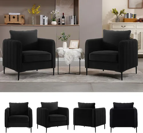 Vista 7 de Sillas de Acento de Terciopelo Negro para Sala de Estar, Silla de Acento Moderna Tapizada Cómodo Sillón de Terciopelo con Cojín Grueso y Marco