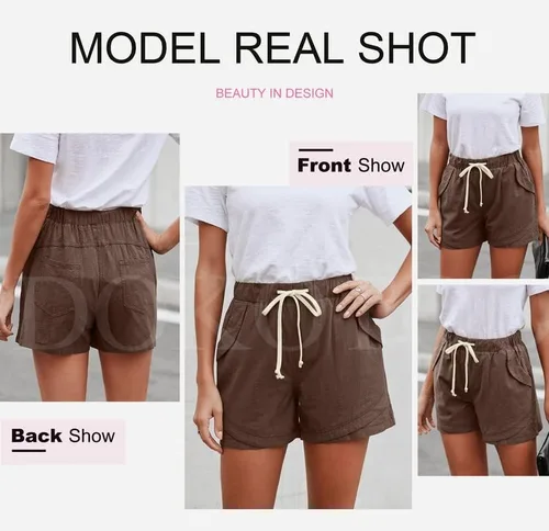 Vista 4 de Dokotoo Pantalones cortos casuales de lino y algodón con cordón elástico para mujer