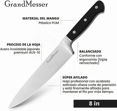 Vista 2 de Cuchillo de chef (8 pulgadas, acero japonés, AUS-8)