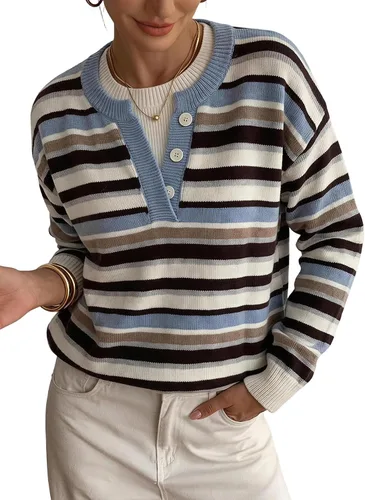 Vista 23 de SOLY HUX Suéteres Pullover para Mujer de Manga Larga con Botones Cuello Redondo 2 en 1 Tops de Punto Holgados Albaricoque puro