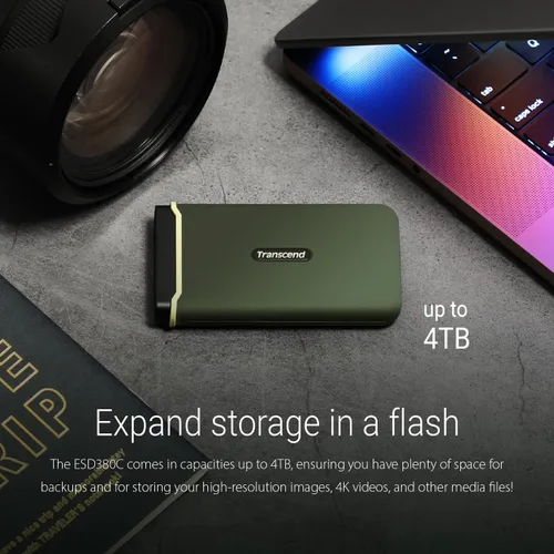 Vista 7 de Transcend 500GB ESD380C, External Solild State Drive, Portable SSD, Rugged Shield, Gen 2x2 USB Type-C, Up to 2000 MB/s - TS500GESD380C