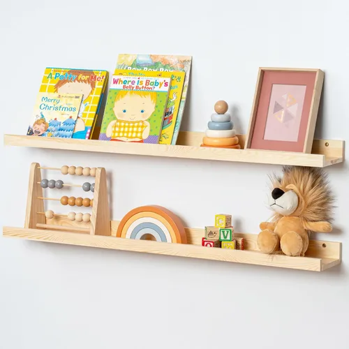 Vista 29 de FLYJOE Estante de repisa de fotos para pared, 24 pulgadas de madera de fresno maciza, estantes para libros de guardería, estantes flotantes