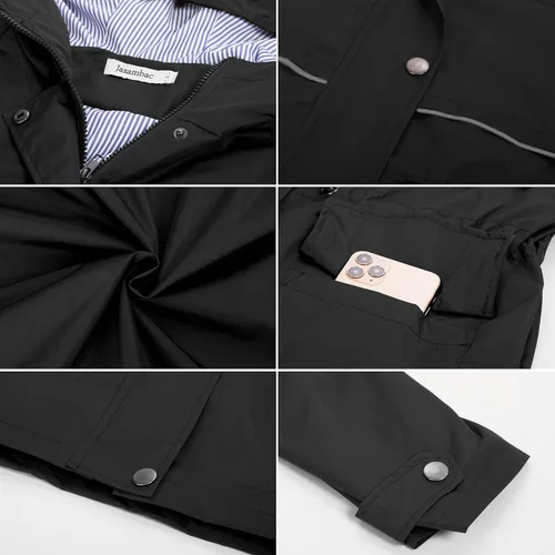 Vista 6 de JASAMBAC Chaqueta larga para mujer, impermeable, ligera, para exteriores, con capucha