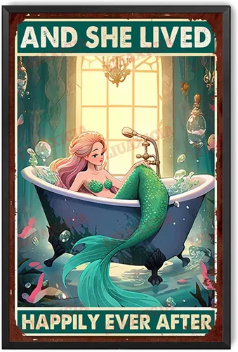 Vista 11 de LIUAXICIA Letrero de lata retro con diseño de sirena y ella vivió feliz para siempre, para decoración del hogar, 8 x 12 pulgadas, pintura de lata