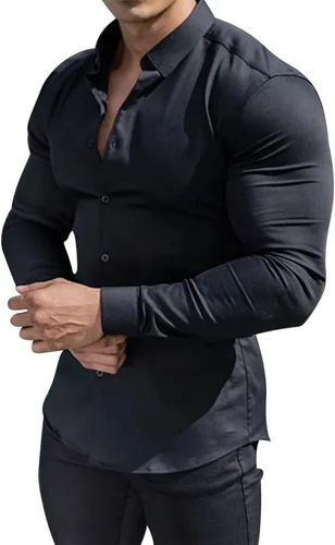 Vista 8 de Camisetas para hombre, estilo casual, con botones, de manga larga, color sólido, para vestir muscular, a la moda, para el trabajo, fitness, ropa