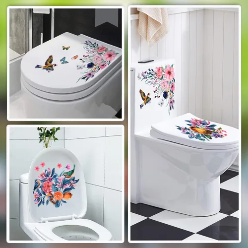 Vista 4 de 3 calcomanías autoadhesivas de pared para asiento de inodoro, diseño floral rosa y morado, diseño de pájaros y flores, para bricolaje, ramo
