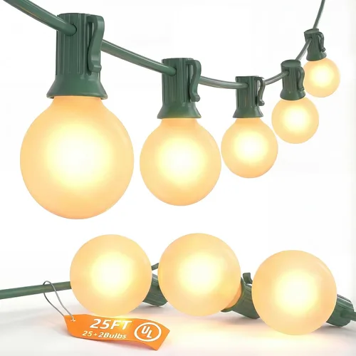 Vista 13 de SUNSGNE Guirnalda de luces de patio de 100 pies, luces de cadena G40 para exteriores con 105 bombillas Edison de globo transparente (5 de repuesto)