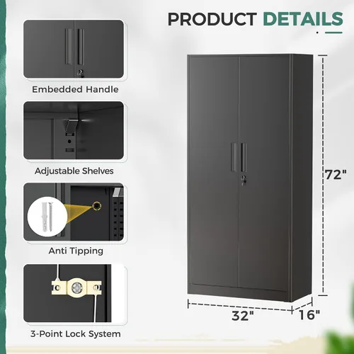 Vista 3 de Greenvelly Armario de almacenamiento de metal con cerradura, gabinete de garaje de metal de 71 pulgadas con 2 puertas y 4 estantes ajustables