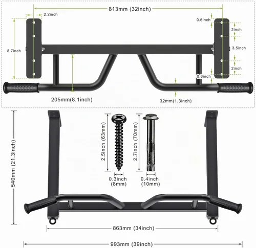 Vista 6 de Kipika 32" Ceiling Mounted Pull Up Bar - Heavy Duty, Highly Adjustable, Multifunctional Chin Up Bar - Home Gym System with Punching Bag Hanger and