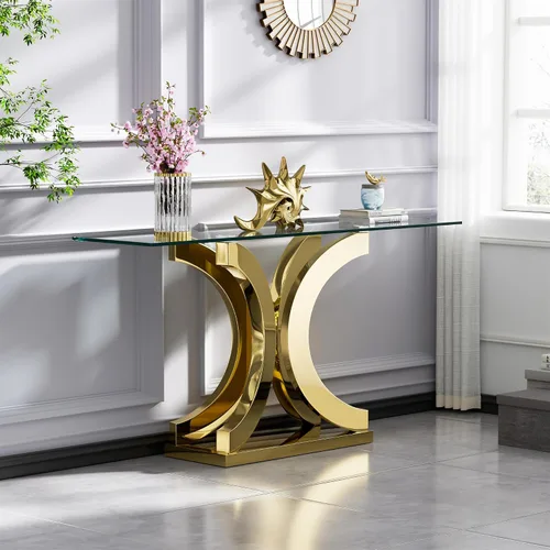 Vista 23 de Mesa auxiliar de cristal dorado de lujo, moderna mesa de centro cuadrada para sofá con base de acero inoxidable con espejo brillante, mesa de noche