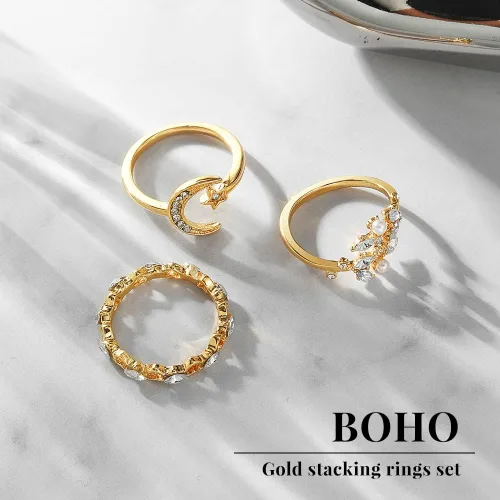 Vista 5 de KISS WIFE Juego de anillos apilables dorados para nudillos y estrellas de luna para mujeres y adolescentes, anillos apilables ligeros y bohemios