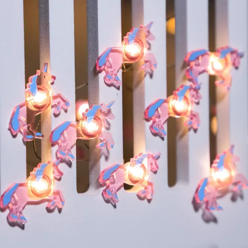 Vista 4 de Luces LED de unicornio para dormitorio, control remoto, 30 LED, USB y funciona con pilas, tira de luces rosas de dibujos animados, decoración