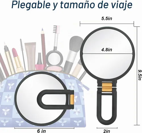 Vista 6 de 1 espejo de viaje con aumento, espejo de mano con mango - Espejo de mano de doble cara con 1 aumento de 20x y mango plegable, espejo de mano
