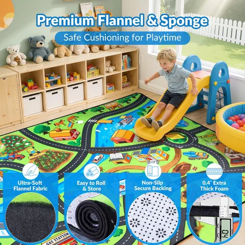 Vista 2 de Alfombra de carretera para niños de 3 x 5 pies, alfombra de juego de coche de ciudad costera para autos de juguete, alfombra educativa de mapa
