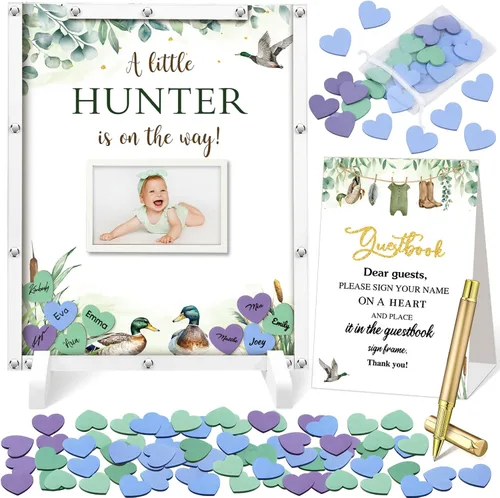 Vista 21 de Beeveer 65 piezas de libro de invitados para baby shower, libro de invitados azul para baby shower, libro de invitados con marco de fotos y 60 chips
