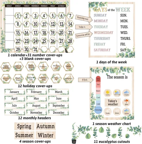 Vista 8 de Juego de tablones de anuncios con calendario de vegetación para el aula, simplemente eucalipto, decoración de aula, calendario, estaciones, tabla