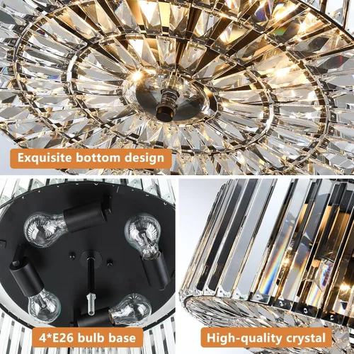 Vista 6 de Large Crystal Ceiling Light, 17.5" Black K9 Crystal Flush Mount Ceiling Light, 4-Light Round Luxury Light Fixture for Dining Room, Bedroom, Hotel