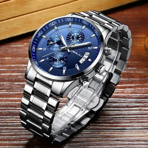 Vista 3 de CRRJU - Reloj de pulsera de acero inoxidable para hombre resistente al agua cronógrafo correa de acero inoxidable