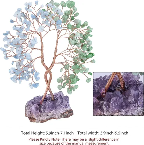 Vista 3 de mookaitedecor Árbol de cristal de aventurina verde natural y aguamarina con base de racimo de amatista, árbol del dinero de la vida adorno