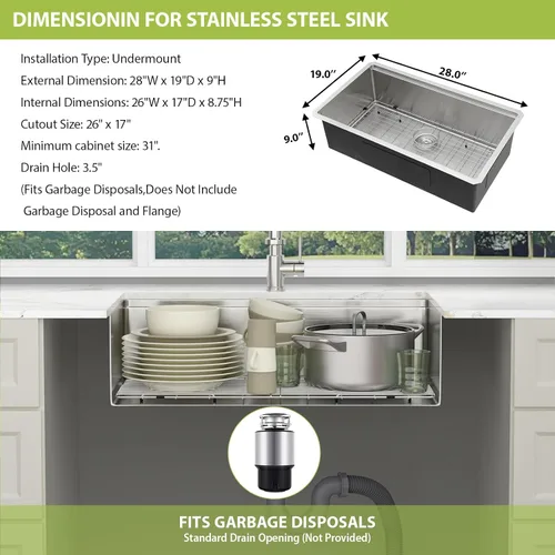 Vista 7 de Fregadero de 28x19x9 Inch Single Bowl Integrated Ledge Deep Bowl Handmade Under Counter Sink