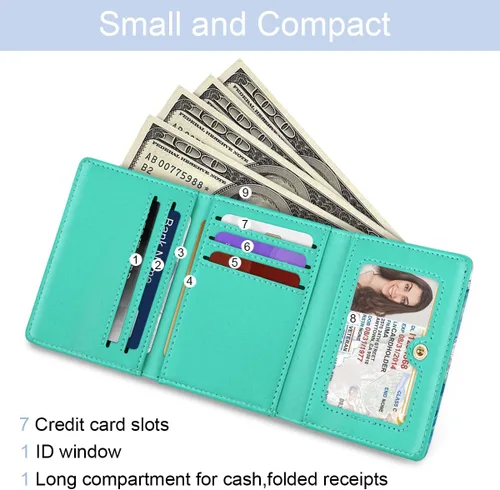 Vista 2 de Billetera triple para mujer, pequeña, delgada, con bloqueo RFID, bonito tarjetero de cuero con bolsillo largo para efectivo y llavero, Azul Flores