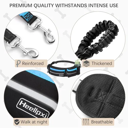Vista 2 de Correa de cintura manos libres con bolsa para dos perros, costuras reflectantes, doble asa y diseño retráctil elástico, ideal para perros medianos a