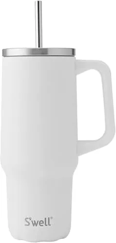 Vista 8 de S'well Vaso de acero inoxidable reciclado XL con popote y asa, 40 onzas, azurita, contenedor aislado al vacío de triple capa mantiene las bebidas