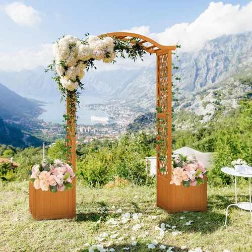 Vista 3 de Giantex Pérgola de Jardín con Maceta, Arco de Plantador de Madera con Enrejado, Arco Exterior para Plantas Trepadoras, Vegetales, Hierbas, Blanco