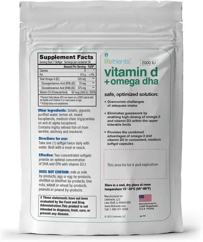 Vista 2 de Lifetrients - Cápsulas de cápsulas blandas de aceite de pescado Omega-3 y vitamina D3 de primera calidad - 375 mg de DHA Boost + 2000 UI.