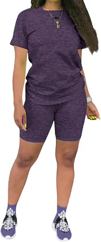 Vista 7 de KINIKO Conjunto deportivo de 2 piezas para mujer, casual, de moda, color sólido, camiseta de manga corta y pantalones Negro-a