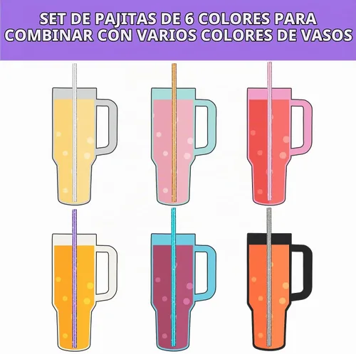 Vista 5 de NiHome - 12 popotes de plástico con purpurina para vaso Stanley de 40 onzas, 6 colores 12 pajitas + 2 cepillos