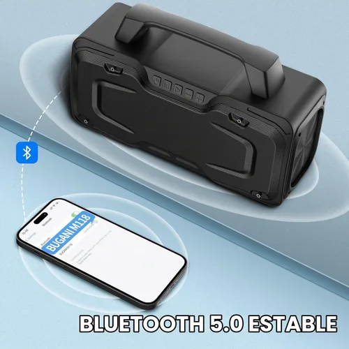 Vista 7 de BUGANI Altavoz Bluetooth, potente altavoz inalámbrico portátil de 80 W IPX7 impermeable, altavoces fuertes para exteriores con mango de 24 horas