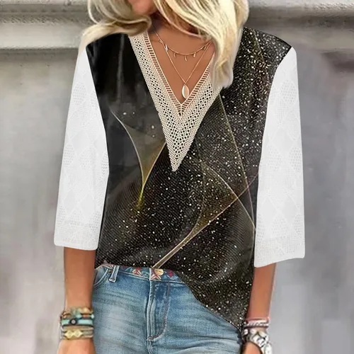 Vista 2 de Ladies Blouses and Tops 34 Sleeve 2024,Spring Trendy Lace 34 Sleeve Top for Women V Neck Shirts Print Lace Casual Loose