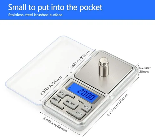Vista 6 de Báscula de bolsillo digital portátil de 2 piezas, 17.64 oz de capacidad, 0.00 oz de precisión, báscula electrónica de joyería para alimentos
