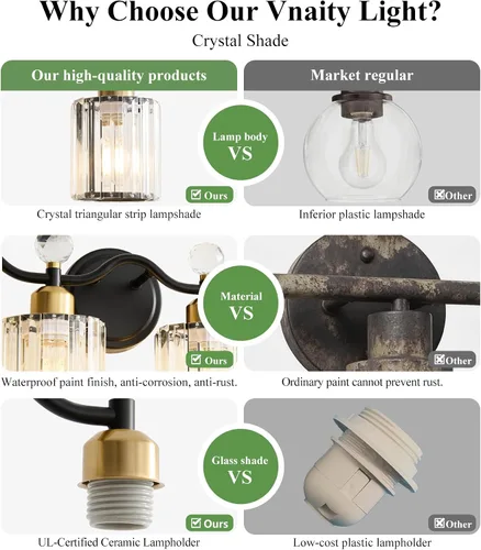 Vista 7 de Moderna lámpara de cristal para tocador de baño, 3 luces negras y doradas, lámparas de tocador sobre espejo, lámpara de pared de vidrio