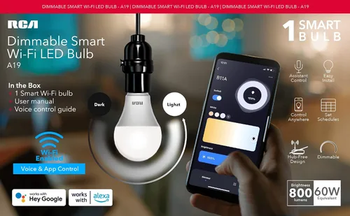Vista 5 de RCA Bombillas inteligentes, bombilla LED WiFi, luces LED regulables, 800 lúmenes 10 W (60 W EQ A19), compatible con Alexa y Google, control desde
