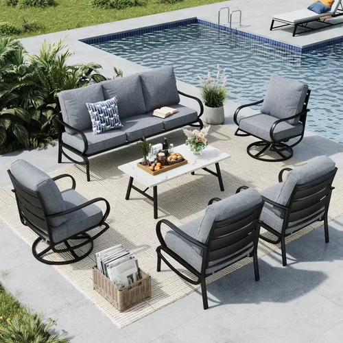 Vista 24 de MFSTUDIO Juegos de muebles de patio, sofás de conversación de metal para exteriores con 1 sofá de 3 asientos para jardín, cojín beige