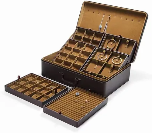 Vista 9 de Caja de Joyería Portátil Grande Organizador Comercial con Asa y Cremallera, Estuche de Accesorios de Piel Sintética con Bandejas, Regalo