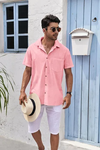 Vista 3 de Bbalizko Mens Short Sleeve Button Up Shirts Linen Cotton Beach Tops Spread Collar Plain Summer T Shirt with Pocket