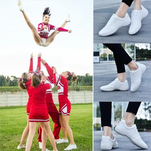 Vista 5 de DADAWEN Zapatos de porristas blancos para adultos y jóvenes, zapatos de baile deportivos, para competición, tenis para competición, zapatos